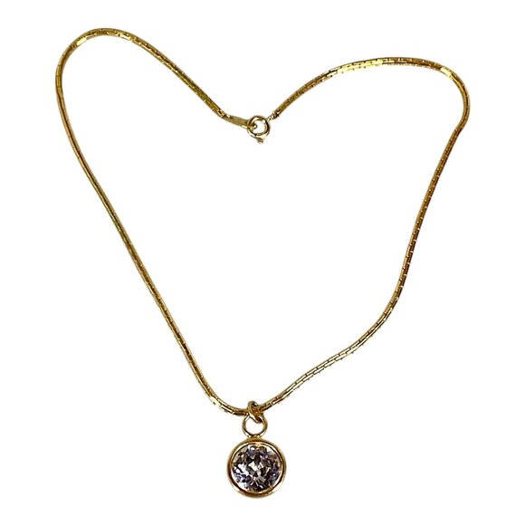 Solitaire Pendant Necklace 15.5" Gold Plated Crystal Choker Bridal Corp 80s VTG - Picture 1 of 16